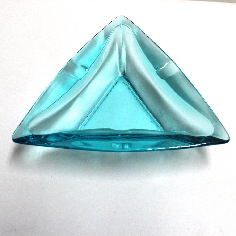 Older Hazel Atlas Blue or Aqua Triangular Ashtray With 3 Cigarette Rests